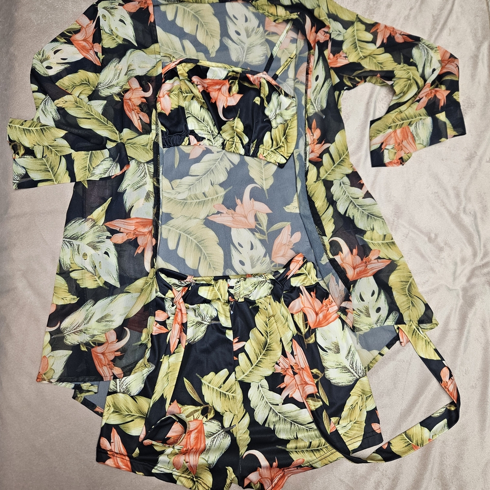 Tropical Floral 3-Piece Swim Cover-Up Set in Black and Green